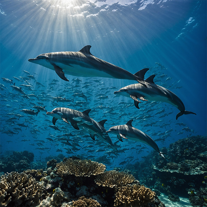 海豚在热带珊瑚礁水下游泳