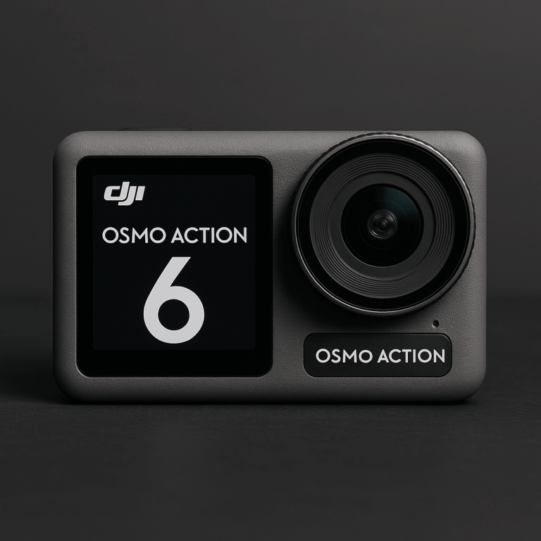 DJI Osmo Action 6 相机正面视图，在深色背景上显示镜头和显示屏
