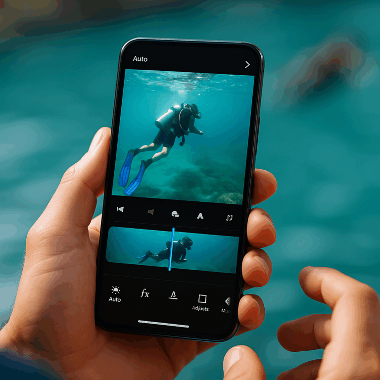 手持智能手机并配备动作相机应用程序的人可以编辑潜水员的水下休闲镜头