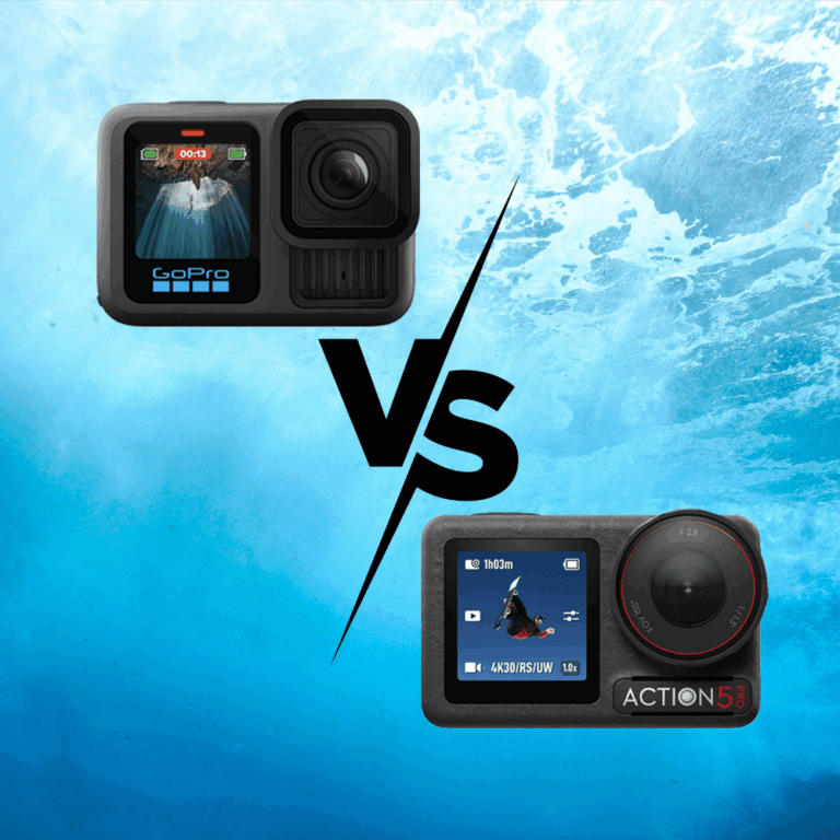 GoPro HERO13 和 DJI Action 5 Pro 并排对比，带有 VS 图形和水下背景
