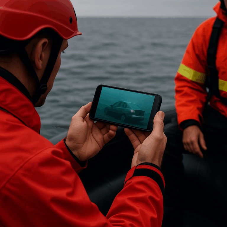 船上的救援队使用水下摄像机进行搜救，通过手机屏幕查看被淹没的汽车
